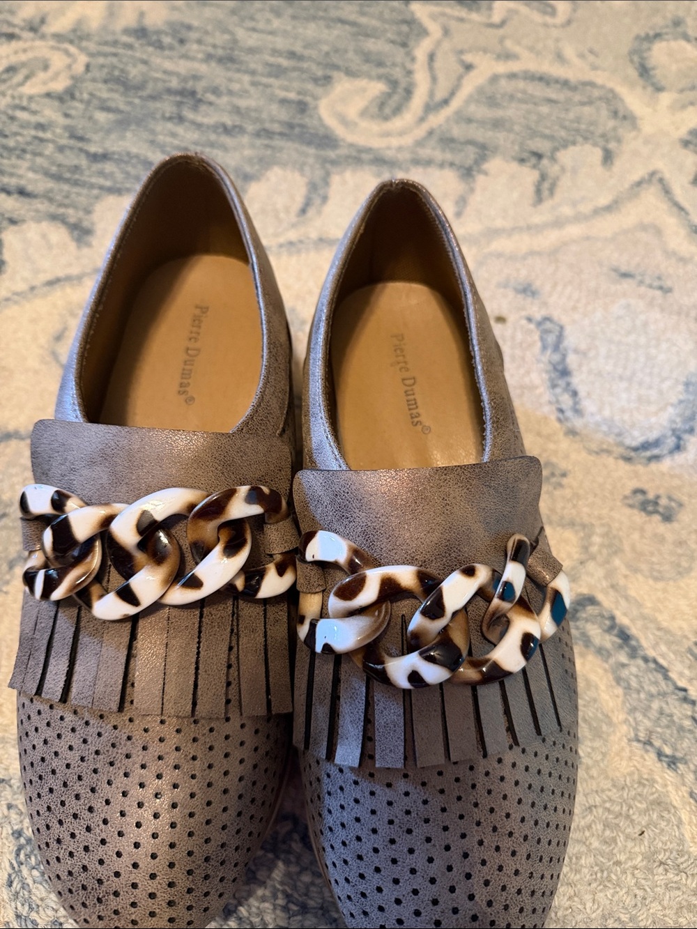 Pierre Dumas Taupe Fringe Loafers with Tortoiseshell Chain Accent